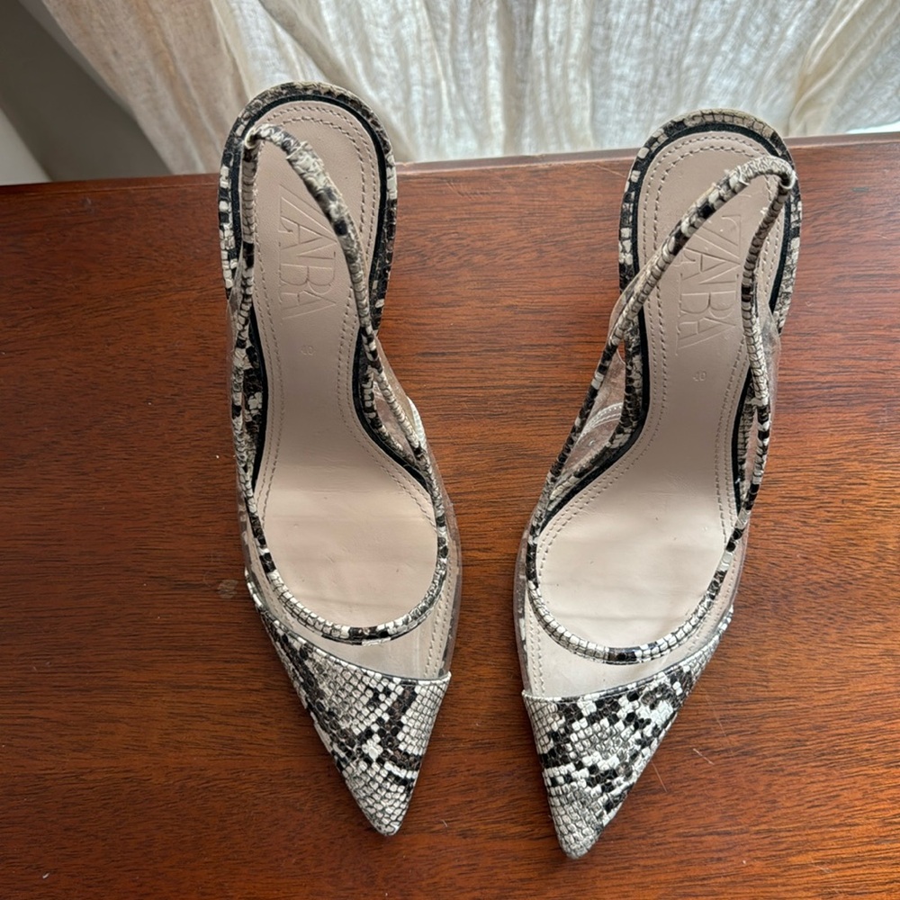 Zara snake skin and clear sling back heel